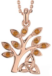 Citrine Rose Gold Silver Celtic Tree of Life Trinity Knot Necklace