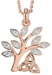 Diamond Rose Gold Silver Celtic Tree of Life Trinity Knot Necklace