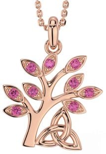 Pink Tourmaline Rose Gold Silver Celtic Tree of Life Trinity Knot Necklace
