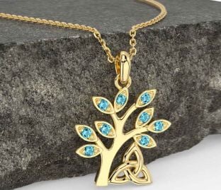 Aquamarine Gold Silver Celtic Tree of Life Trinity Knot Necklace
