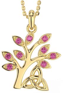 Pink Tourmaline Gold Silver Celtic Tree of Life Trinity Knot Necklace