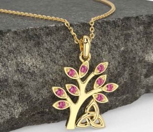 Pink Tourmaline Gold Silver Celtic Tree of Life Trinity Knot Necklace