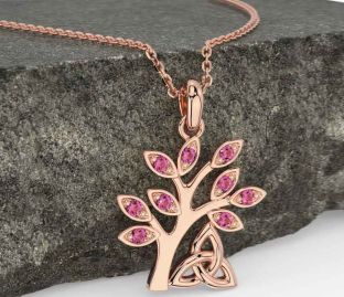 Pink Tourmaline Rose Gold Celtic Tree of Life Trinity Knot Necklace