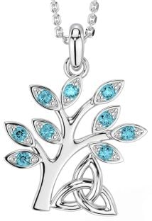 Aquamarine Silver Celtic Tree of Life Trinity Knot Necklace