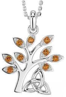 Citrine Silver Celtic Tree of Life Trinity Knot Necklace