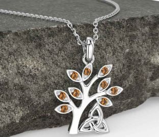Citrine Silver Celtic Tree of Life Trinity Knot Necklace
