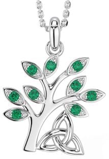 Emerald Silver Celtic Tree of Life Trinity Knot Necklace