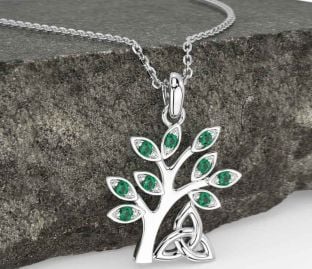 Emerald Silver Celtic Tree of Life Trinity Knot Necklace
