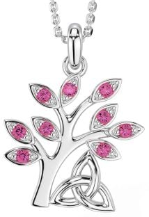 Pink Tourmaline Silver Celtic Tree of Life Trinity Knot Necklace