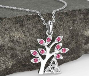 Pink Tourmaline Silver Celtic Tree of Life Trinity Knot Necklace