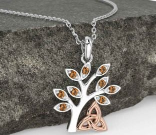 Citrine Rose Gold Silver Celtic Tree of Life Trinity Knot Necklace