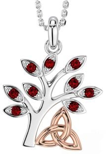 Garnet Rose Gold Silver Celtic Tree of Life Trinity Knot Necklace