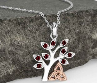 Garnet Rose Gold Silver Celtic Tree of Life Trinity Knot Necklace
