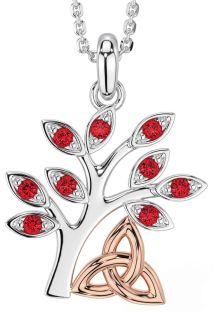 Ruby Rose Gold Silver Celtic Tree of Life Trinity Knot Necklace