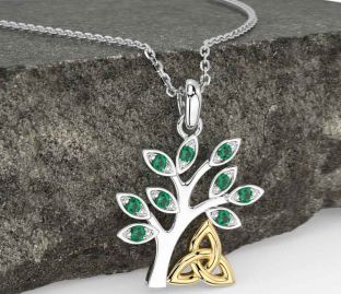 Emerald Gold Silver Celtic Tree of Life Trinity Knot Necklace