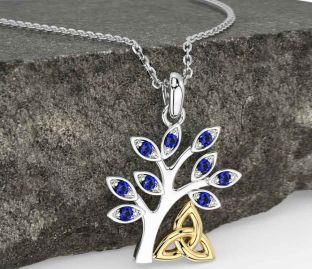 Sapphire Gold Silver Celtic Tree of Life Trinity Knot Necklace