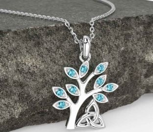 Aquamarine White Gold Celtic Tree of Life Trinity Knot Necklace