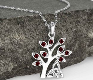 Garnet White Gold Celtic Tree of Life Trinity Knot Necklace