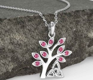 Pink Tourmaline White Gold Celtic Tree of Life Trinity Knot Necklace