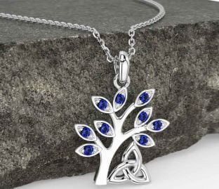 Sapphire White Gold Celtic Tree of Life Trinity Knot Necklace