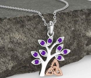 Amethyst White Rose Gold Celtic Tree of Life Trinity Knot Necklace