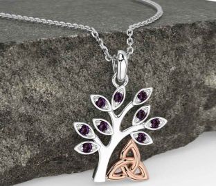 Alexandrite White Rose Gold Celtic Tree of Life Trinity Knot Necklace