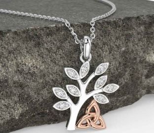 Diamond White Rose Gold Celtic Tree of Life Trinity Knot Necklace
