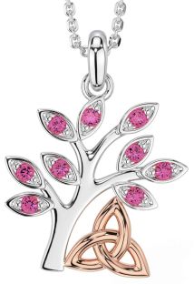 Pink Tourmaline White Rose Gold Celtic Tree of Life Trinity Knot Necklace