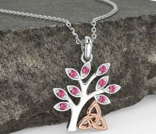 Pink Tourmaline White Rose Gold Celtic Tree of Life Trinity Knot Necklace