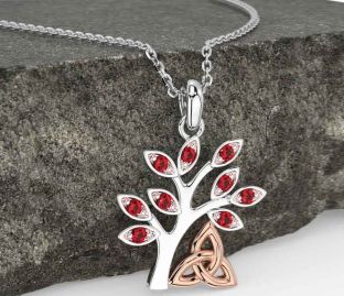 Ruby White Rose Gold Celtic Tree of Life Trinity Knot Necklace