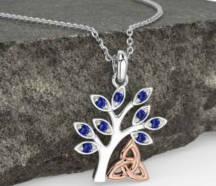 Sapphire White Rose Gold Celtic Tree of Life Trinity Knot Necklace