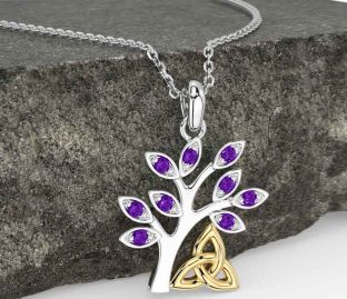 Amethyst White Yellow Gold Celtic Tree of Life Trinity Knot Necklace