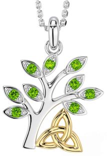 Peridot White Yellow Gold Celtic Tree of Life Trinity Knot Necklace