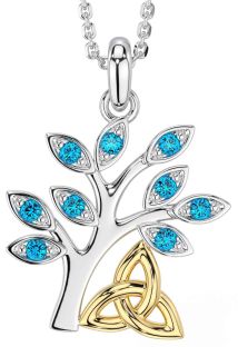 Topaz White Yellow Gold Celtic Tree of Life Trinity Knot Necklace