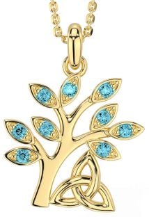 Aquamarine Gold Celtic Tree of Life Trinity Knot Necklace