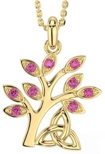 Pink Tourmaline Gold Celtic Tree of Life Trinity Knot Necklace