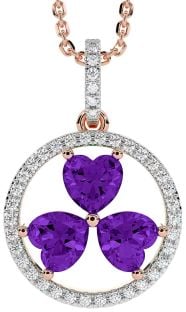 Diamond Amethyst Rose Gold Silver Shamrock Necklace