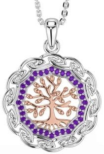 Amethyst Rose Gold Silver Celtic Tree of Life Necklace