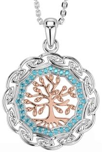 Aquamarine Rose Gold Silver Celtic Tree of Life Necklace