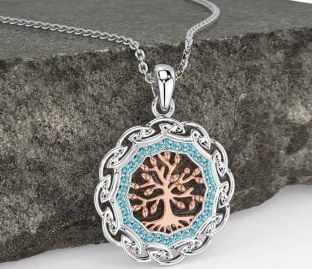 Aquamarine Rose Gold Silver Celtic Tree of Life Necklace