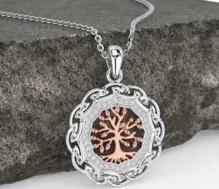 Diamond Rose Gold Silver Celtic Tree of Life Necklace