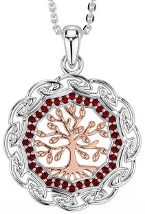 Garnet Rose Gold Silver Celtic Tree of Life Necklace
