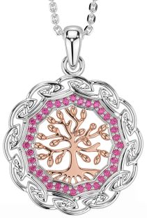 Pink Tourmaline Rose Gold Silver Celtic Tree of Life Necklace