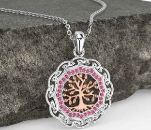 Pink Tourmaline Rose Gold Silver Celtic Tree of Life Necklace