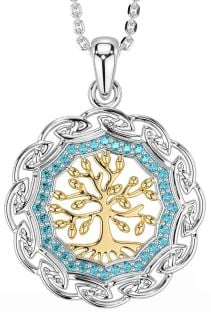 Aquamarine Gold Silver Celtic Tree of Life Necklace