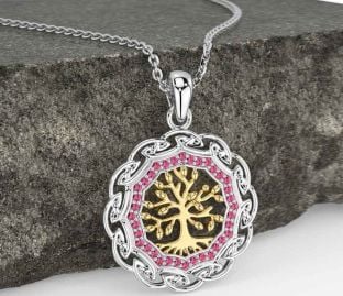Pink Tourmaline Gold Silver Celtic Tree of Life Necklace