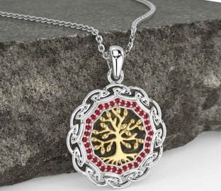 Ruby Gold Silver Celtic Tree of Life Necklace