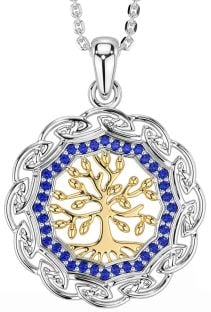 Sapphire Gold Silver Celtic Tree of Life Necklace