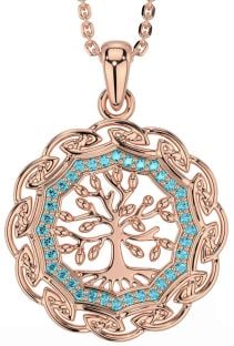 Aquamarine Rose Gold Silver Celtic Tree of Life Necklace