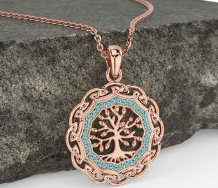 Aquamarine Rose Gold Silver Celtic Tree of Life Necklace